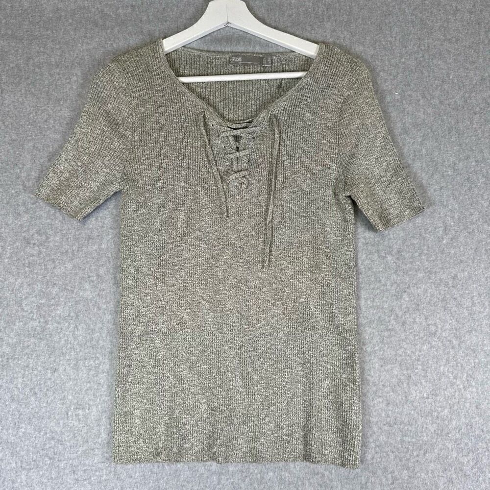 ASOS Women’s Size 8 Ribbed Lace Up Sweater Top Grey Short Sleeve NWOT